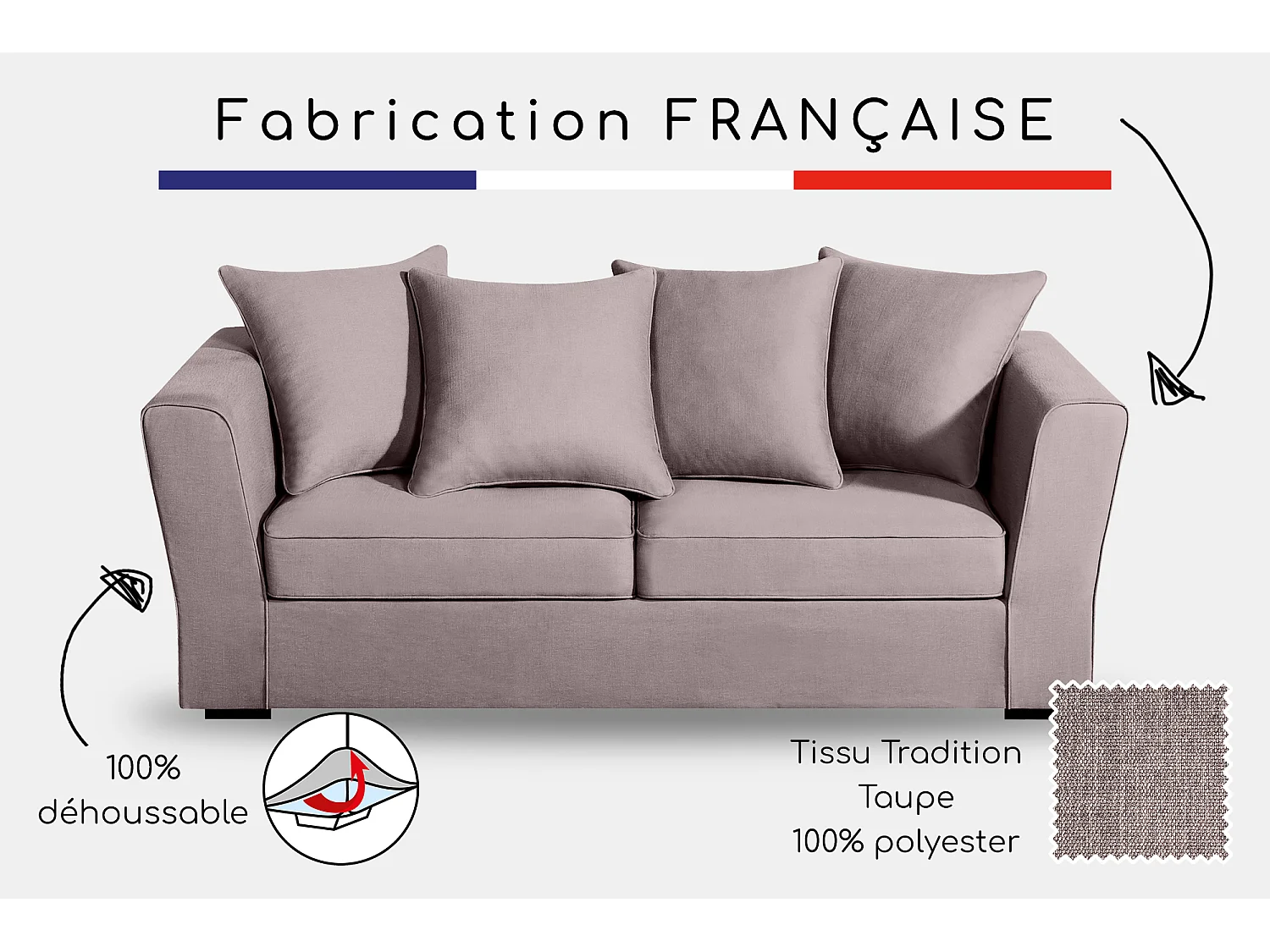 Canapé 3 pl YSER 200 cm fixe tissu Tradition Taupe - 100% déhoussable - Fab. France