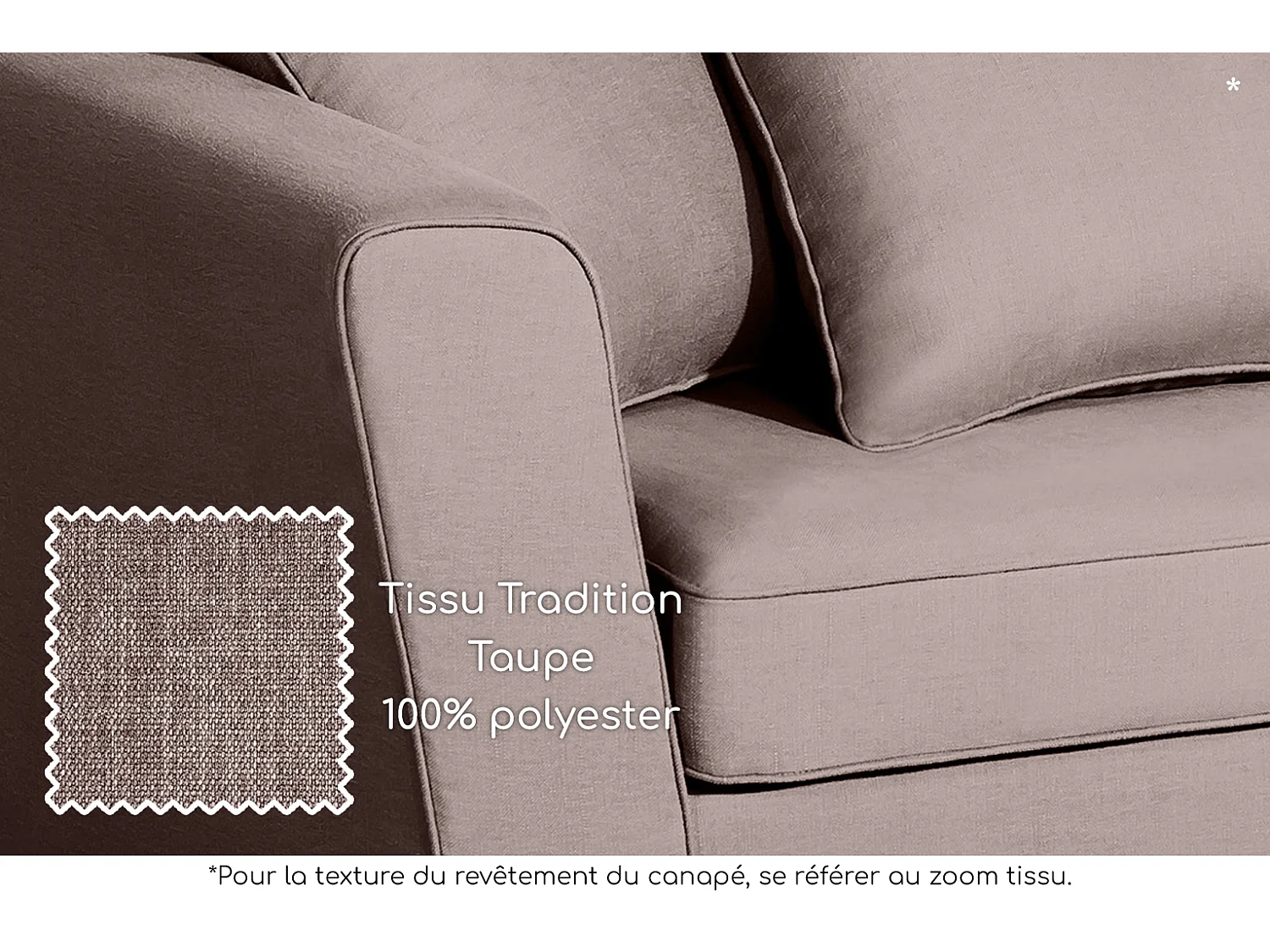 Canapé 3 pl YSER 200 cm fixe tissu Tradition Taupe - 100% déhoussable - Fab. France