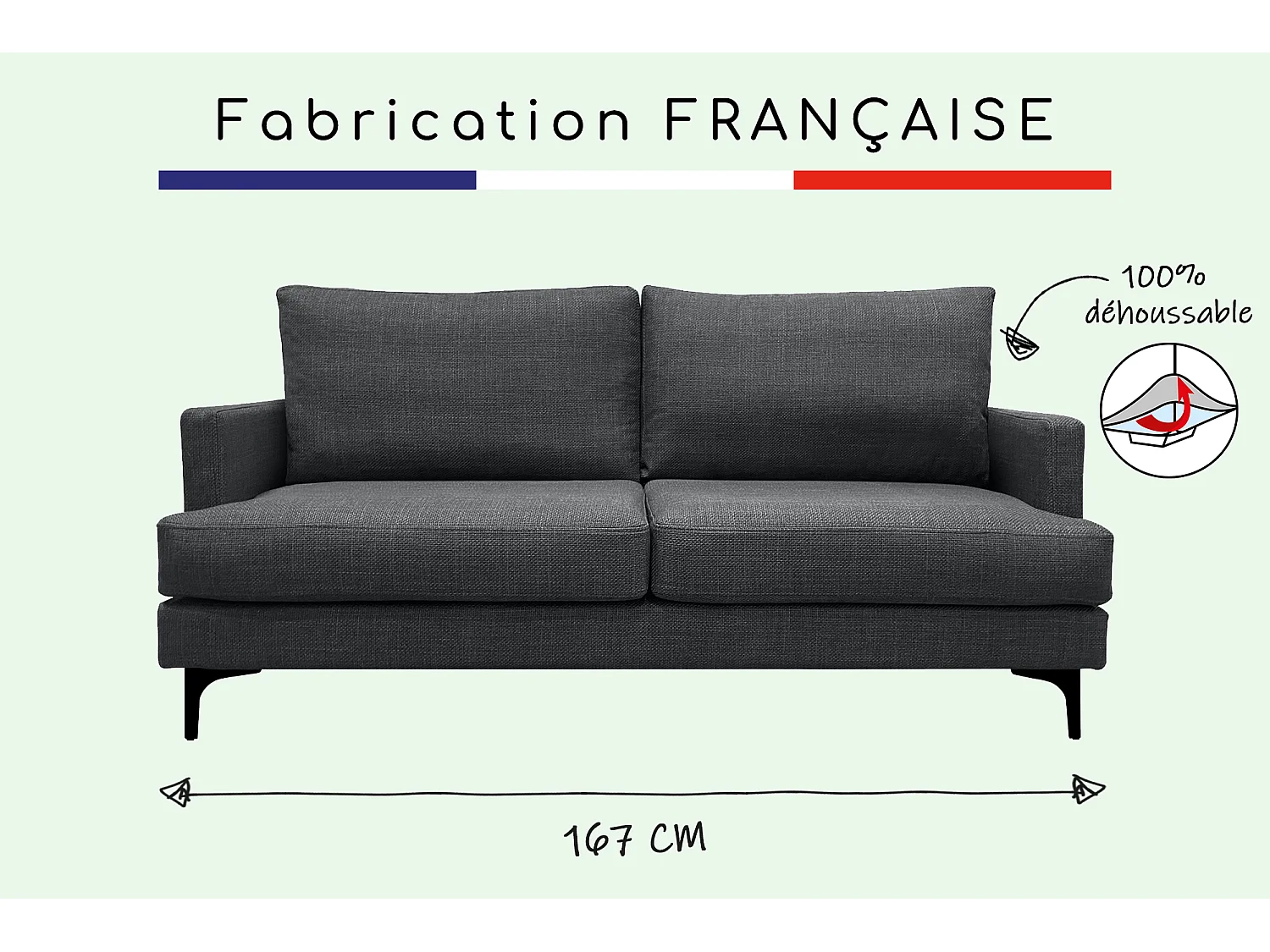 Canapé 3 pl WIMY 167 cm fixe tissu Anthracite - 100% déhoussable - Fab. France