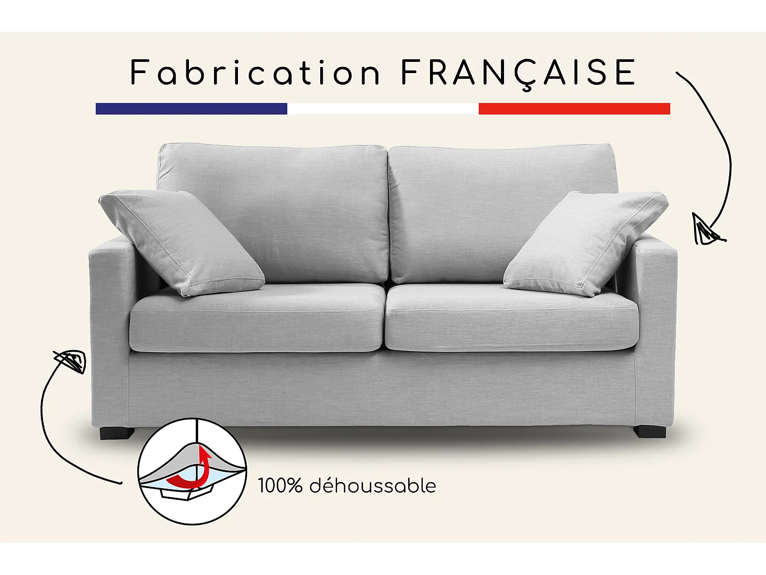 Canapé 3 pl LYS 175 cm fixe tissu Tradition Gris Clair - 100% déhoussable - Fab. France