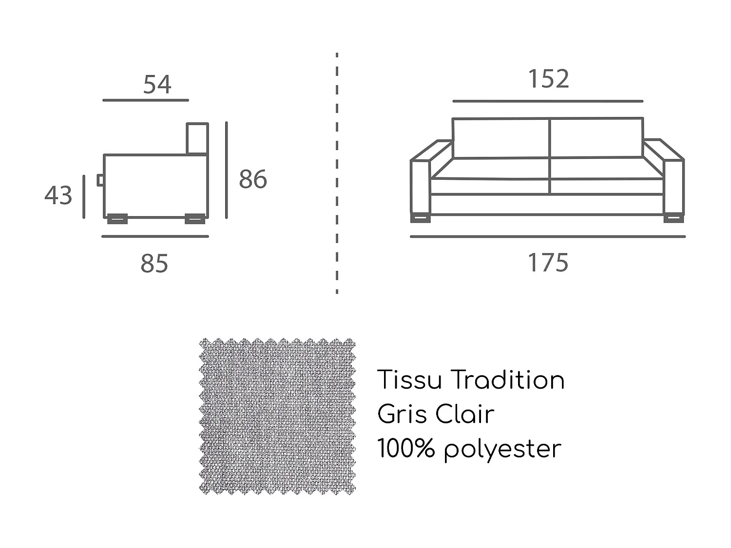 Canapé 3 pl LYS 175 cm fixe tissu Tradition Gris Clair - 100% déhoussable - Fab. France