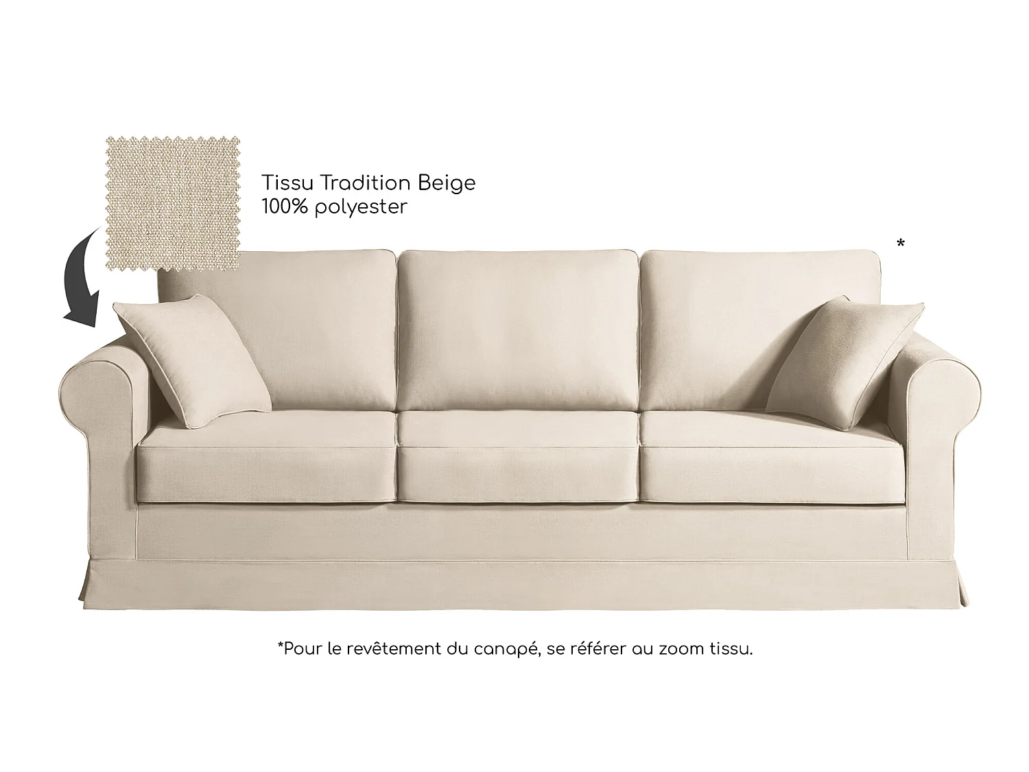 Canapé 5 pl COLME 230 cm fixe tissu Tradition Beige - 100% déhoussable - Fab. France