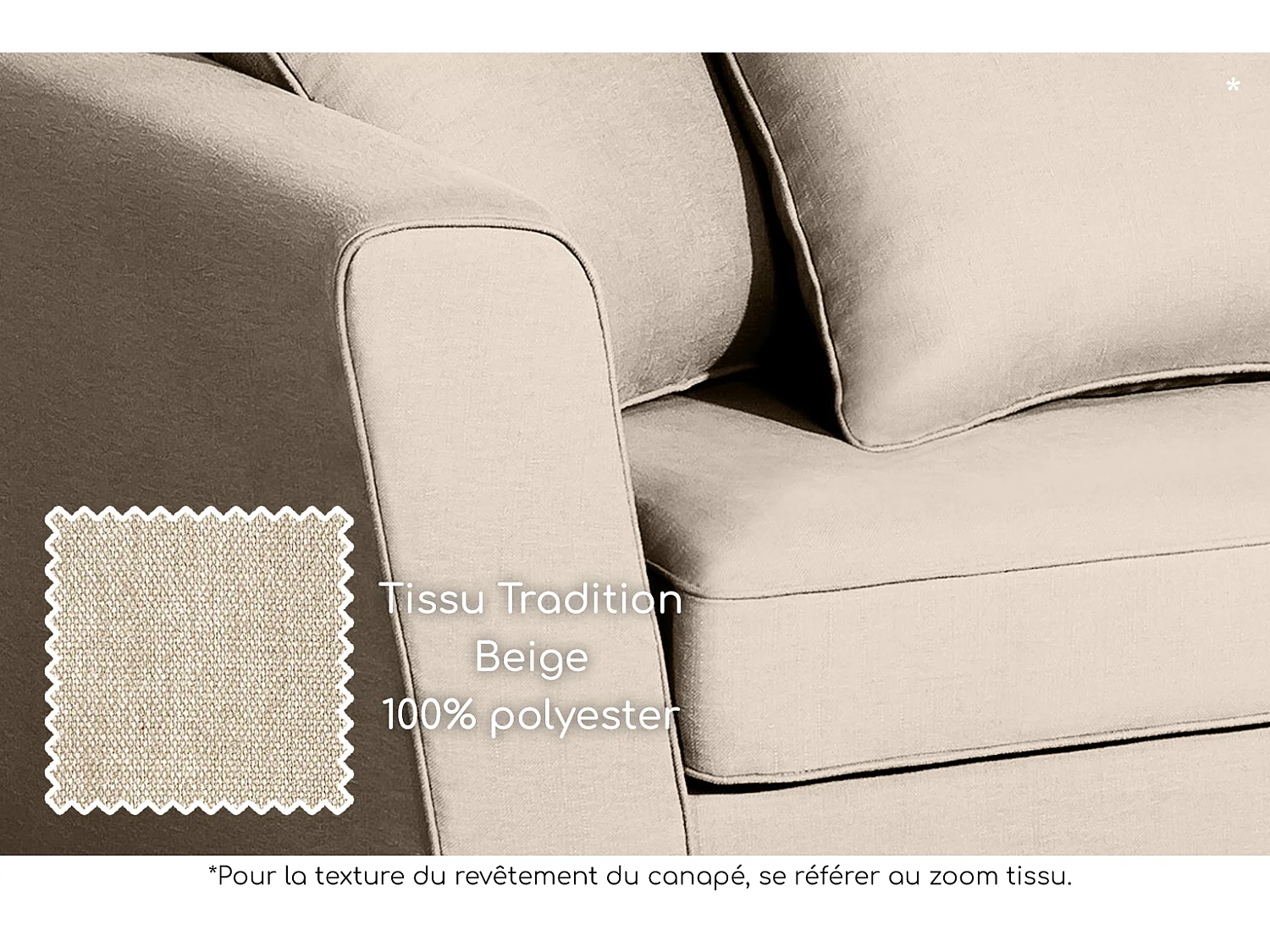 Canapé 3 pl YSER 200 cm fixe tissu Tradition Beige - 100% déhoussable - Fab. France