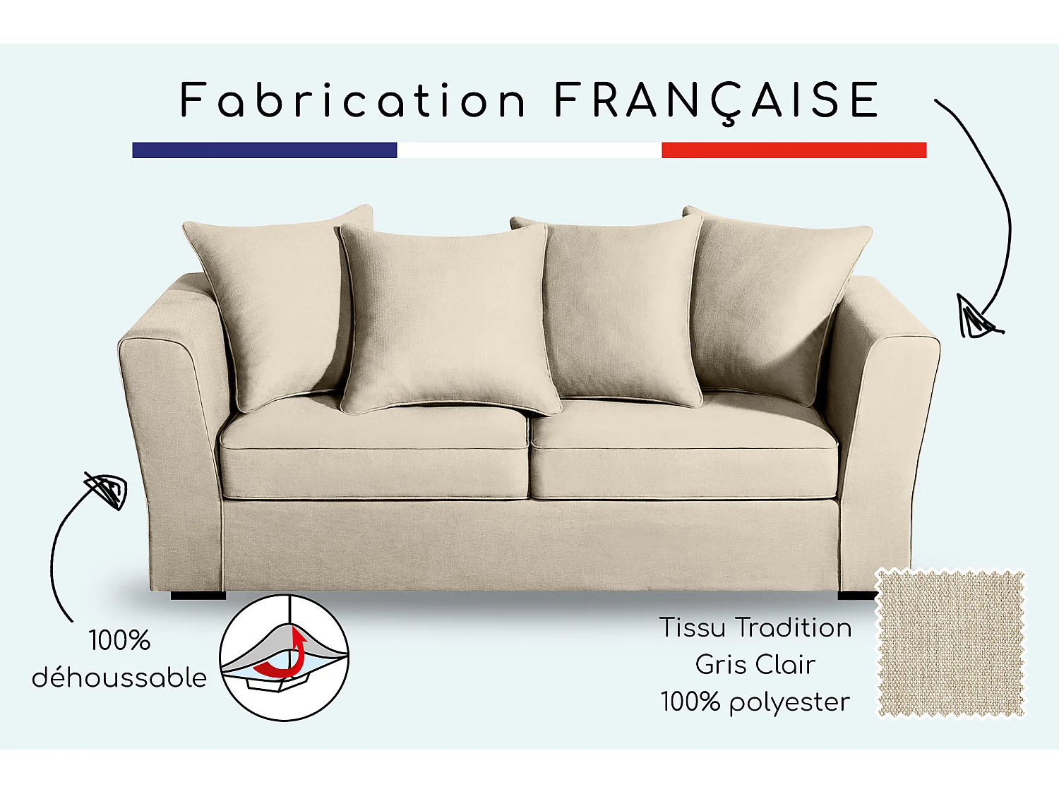 Canapé 3 pl YSER 200 cm fixe tissu Tradition Beige - 100% déhoussable - Fab. France