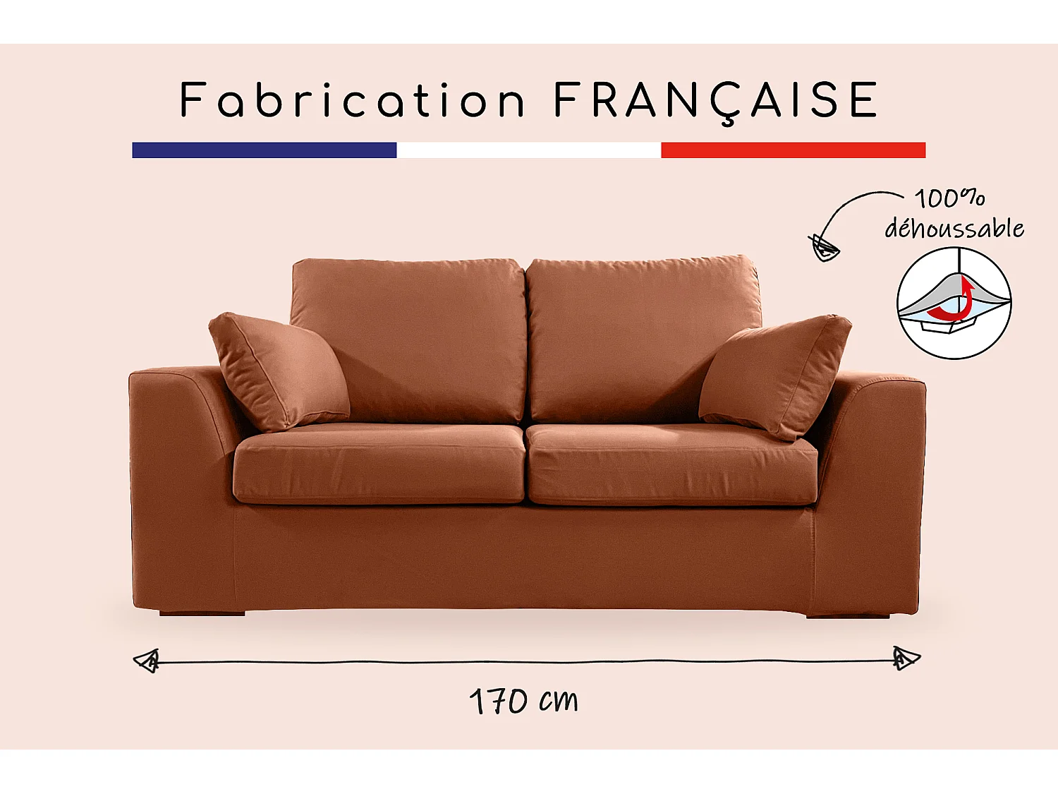 Canapé 2 pl TRESSIN 170 cm fixe tissu coton Terracotta - 100% déhoussable - Fab. France