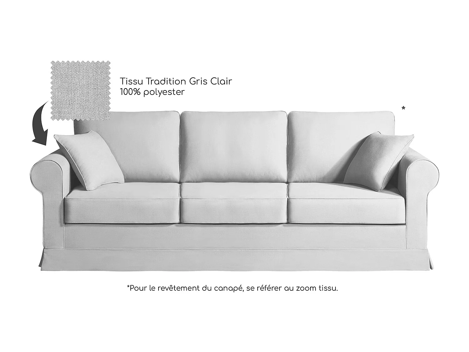 Canapé 5 pl COLME 230 cm fixe tissu Tradition Gris Clair - 100% déhoussable - Fab. France