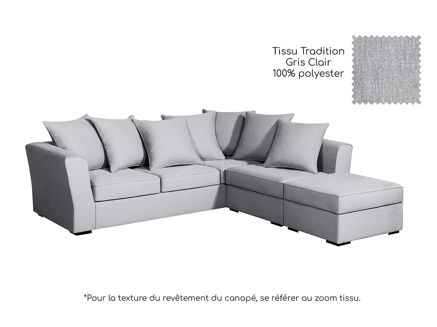 Canapé d'angle YSER fixe 240 x 236 cm Tradition Gris Clair - 100% déhoussable - Fab. en France