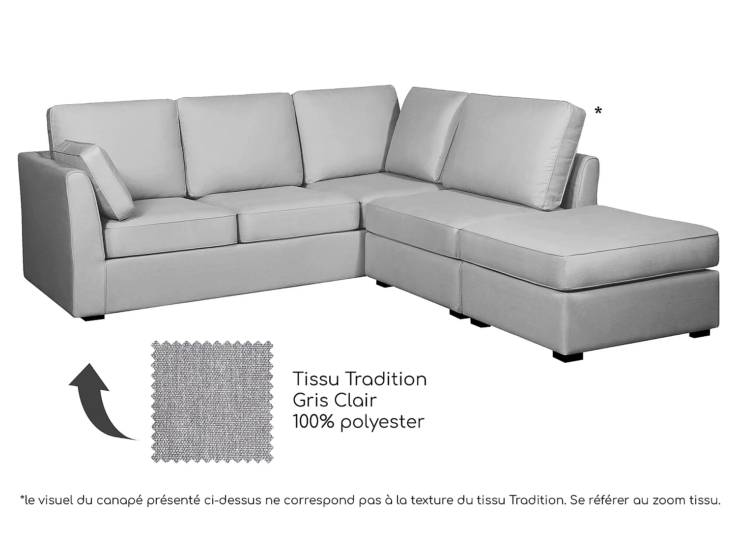 Canapé d'angle ESCAUT fixe 225 x 237 cm Tradition Gris Clair - 100% déhoussable - Fab. en France