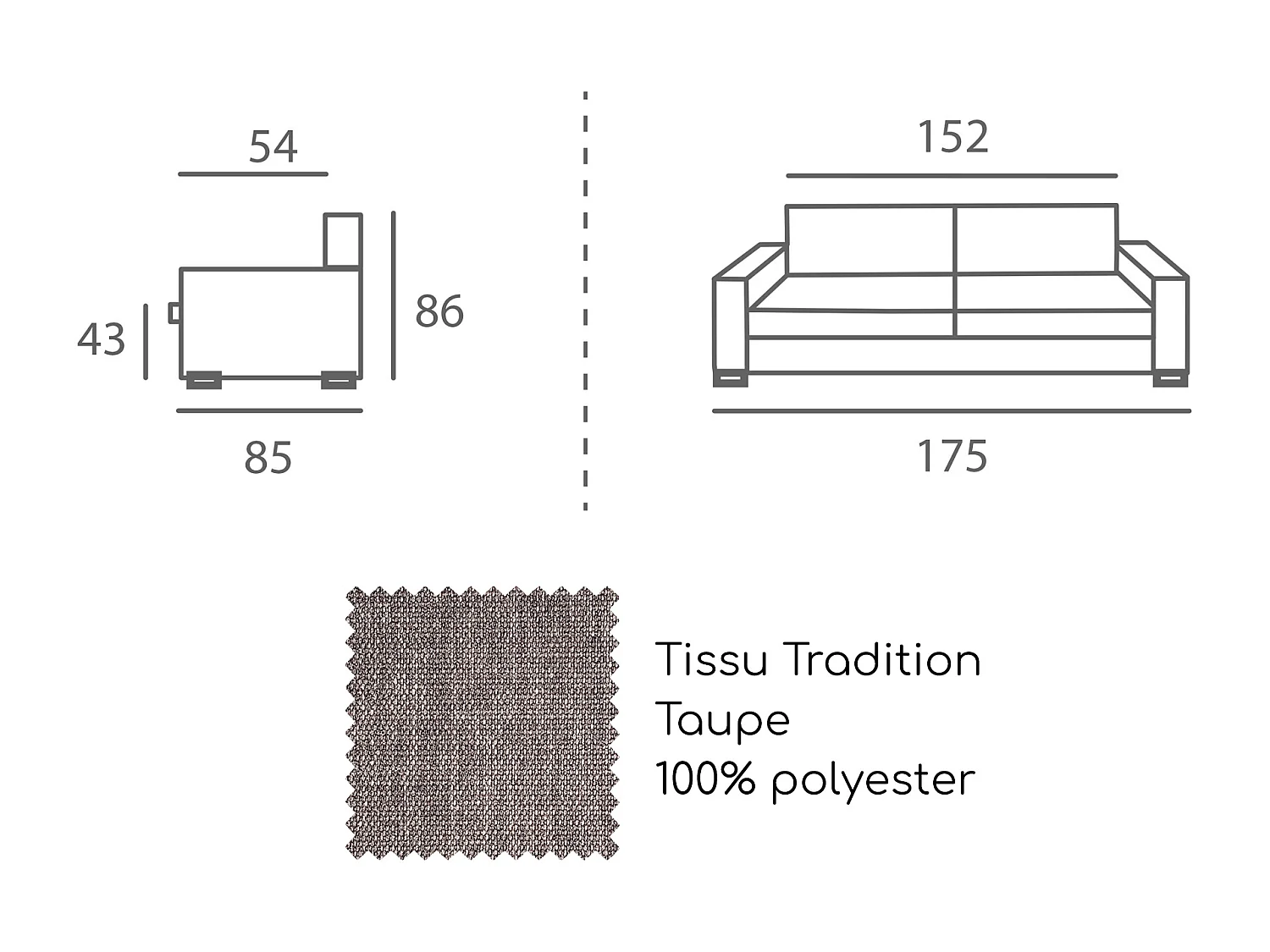 Canapé 3 pl LYS 175 cm fixe tissu Tradition Taupe - 100% déhoussable - Fab. France