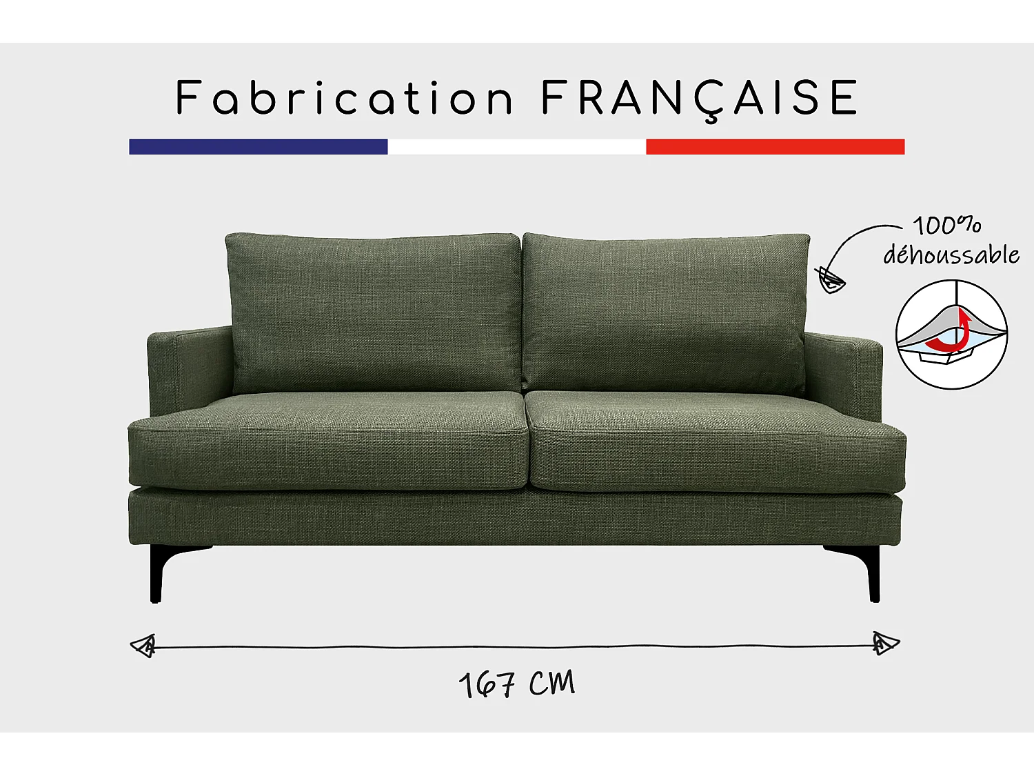 Canapé 3 pl WIMY 167 cm fixe tissu Forêt - 100% déhoussable - Fab. France