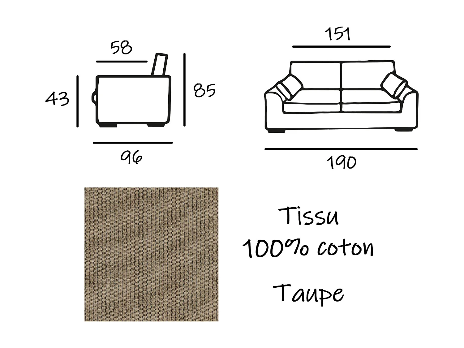 Canapé 3 pl TRESSIN 170 cm fixe tissu coton Taupe - 100% déhoussable - Fab. France