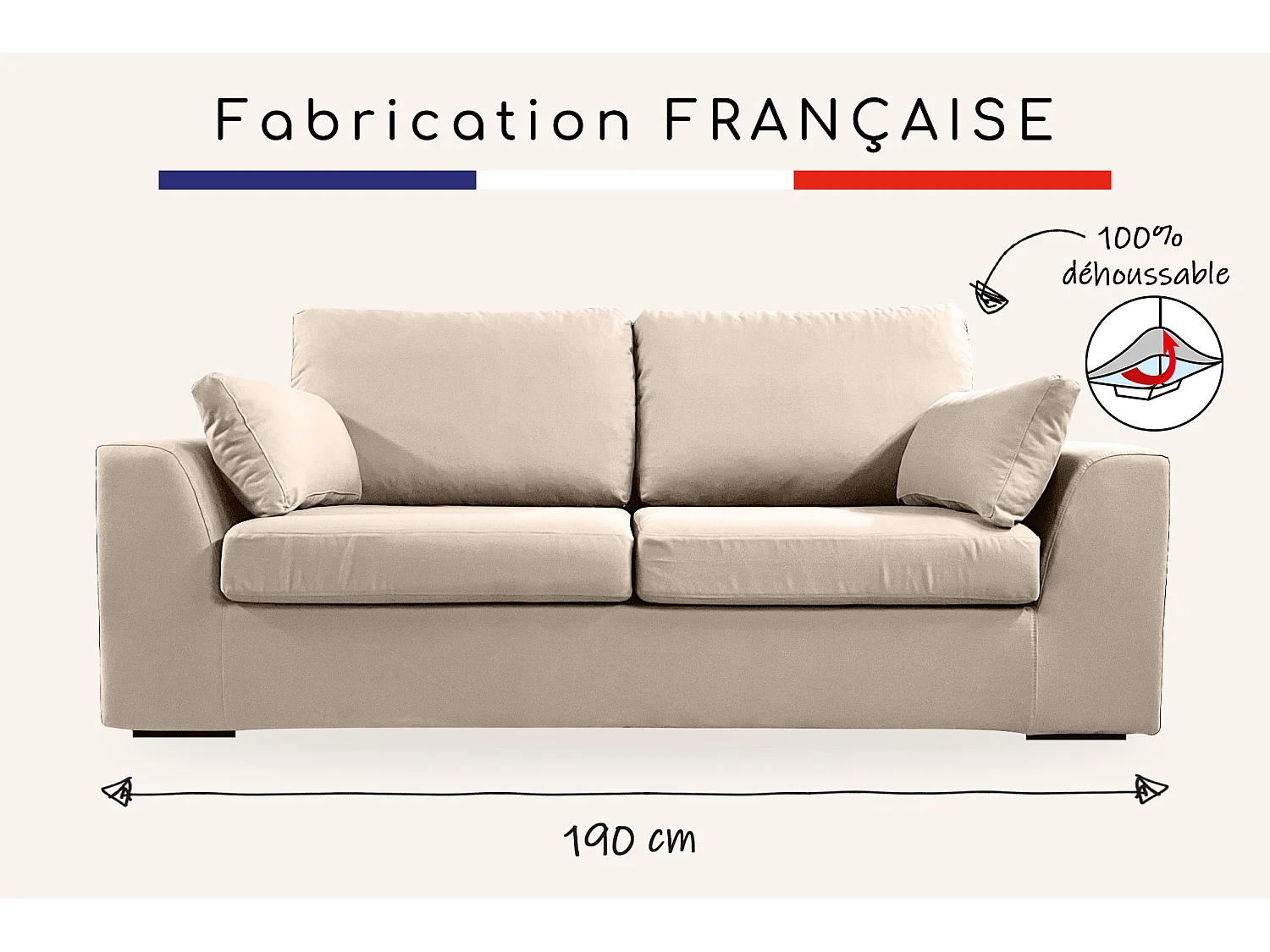 Canapé 3 pl TRESSIN 170 cm fixe tissu coton Taupe - 100% déhoussable - Fab. France