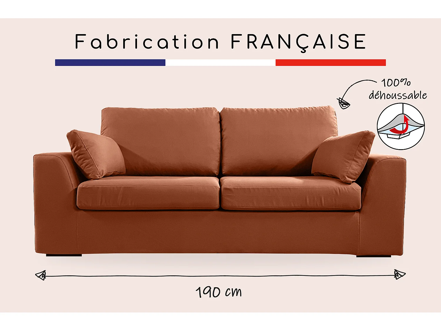 Canapé 3 pl TRESSIN 170 cm fixe tissu coton Terracotta - 100% déhoussable - Fab. France