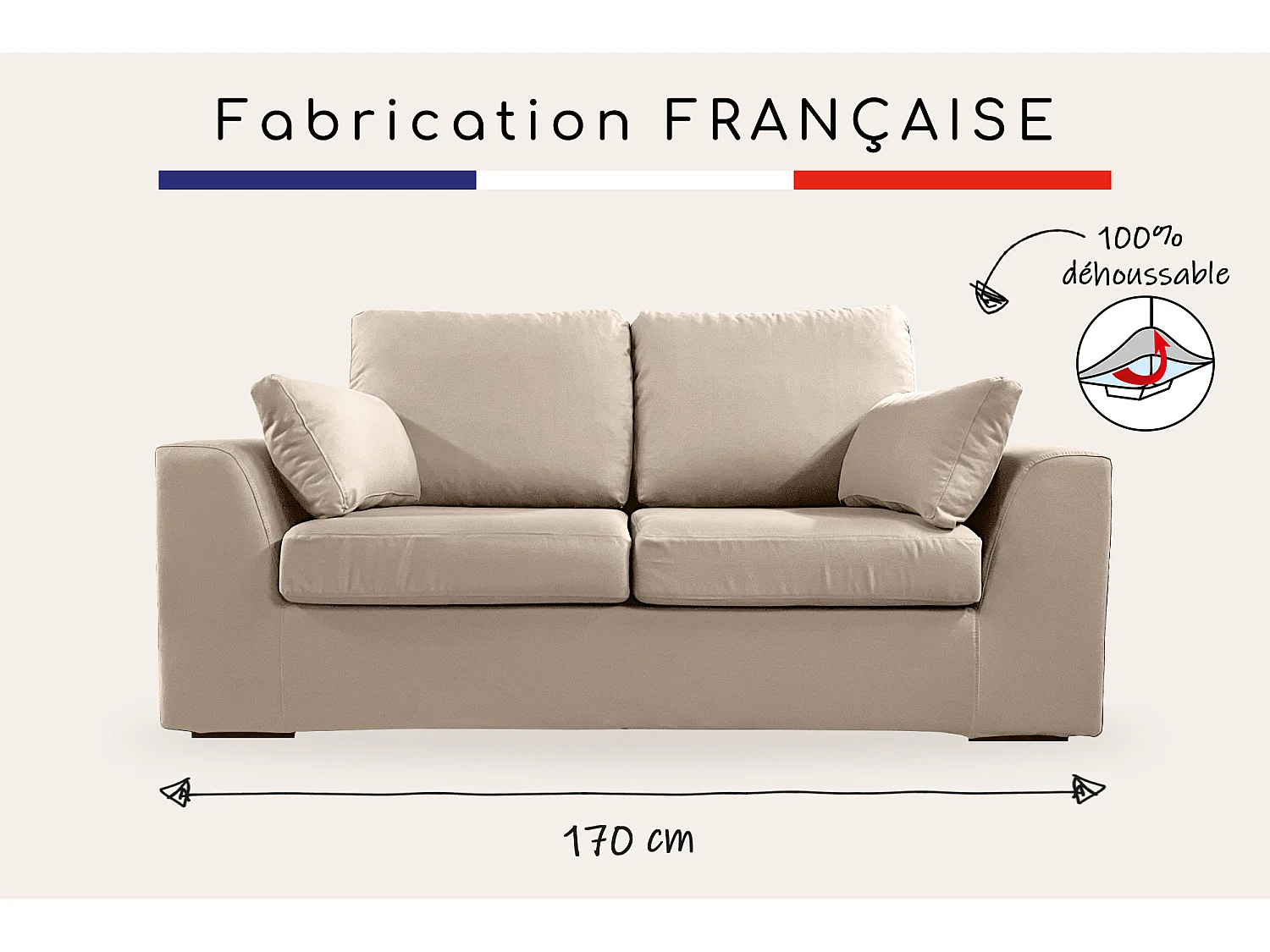 Canapé 2 pl TRESSIN 170 cm fixe tissu coton Taupe - 100% déhoussable - Fab. France
