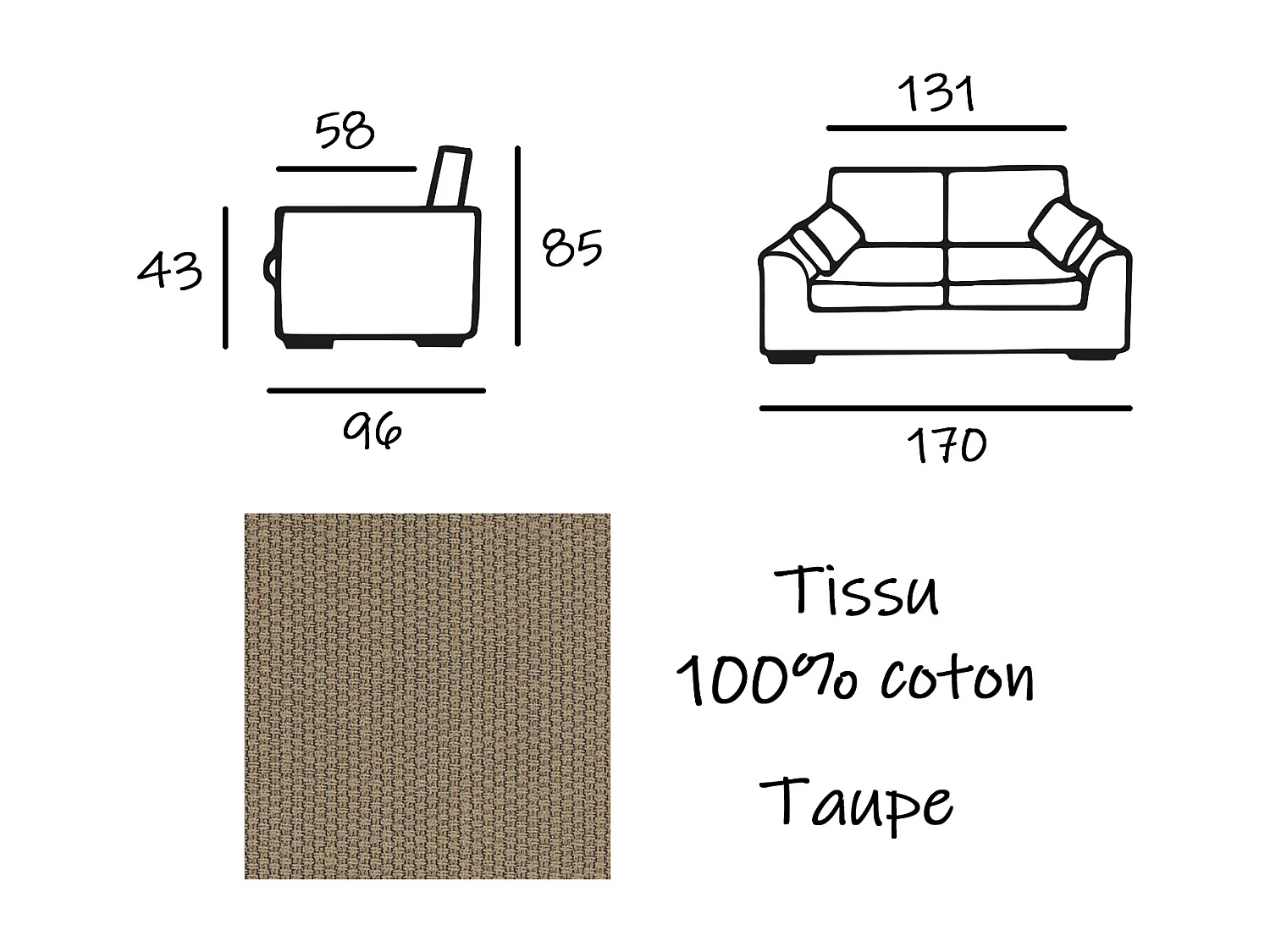 Canapé 2 pl TRESSIN 170 cm fixe tissu coton Taupe - 100% déhoussable - Fab. France