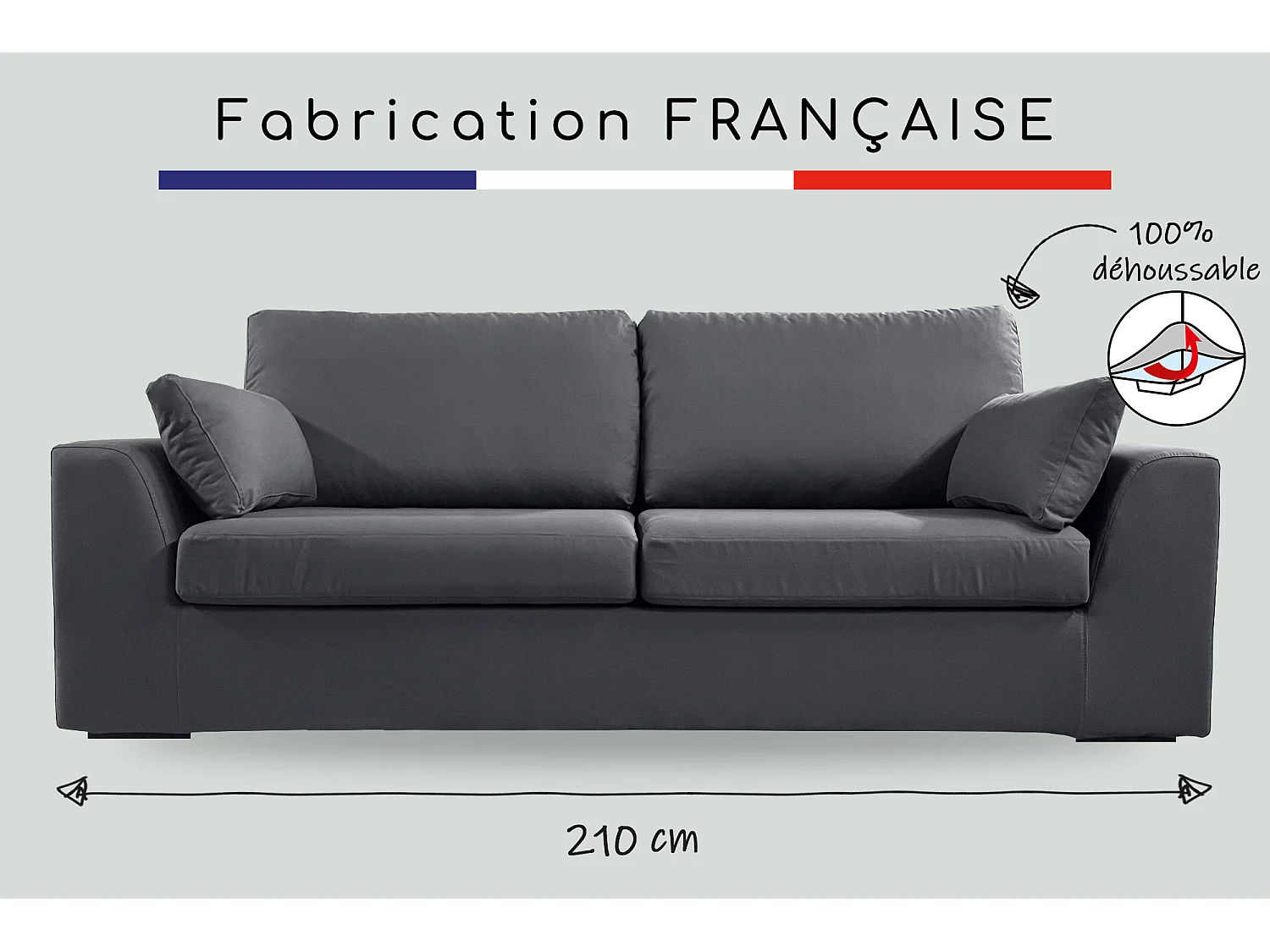 Canapé 4 pl TRESSIN 170 cm fixe tissu coton Anthracite - 100% déhoussable - Fab. France