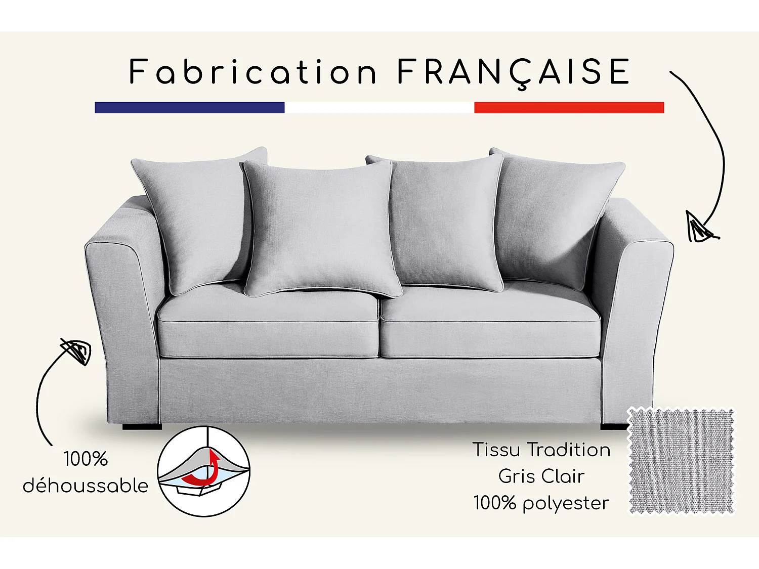Canapé 3 pl YSER 200 cm fixe tissu Tradition Gris Clair - 100% déhoussable - Fab. France