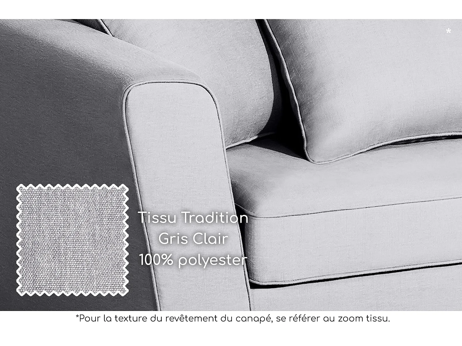 Canapé 3 pl YSER 200 cm fixe tissu Tradition Gris Clair - 100% déhoussable - Fab. France