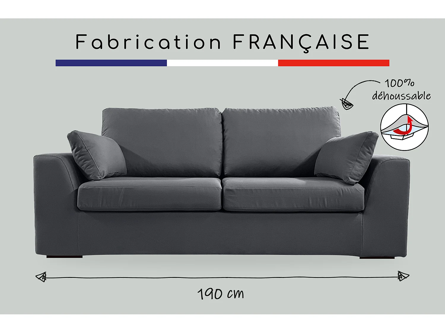 Canapé 3 pl TRESSIN 170 cm fixe tissu coton Anthracite - 100% déhoussable - Fab. France