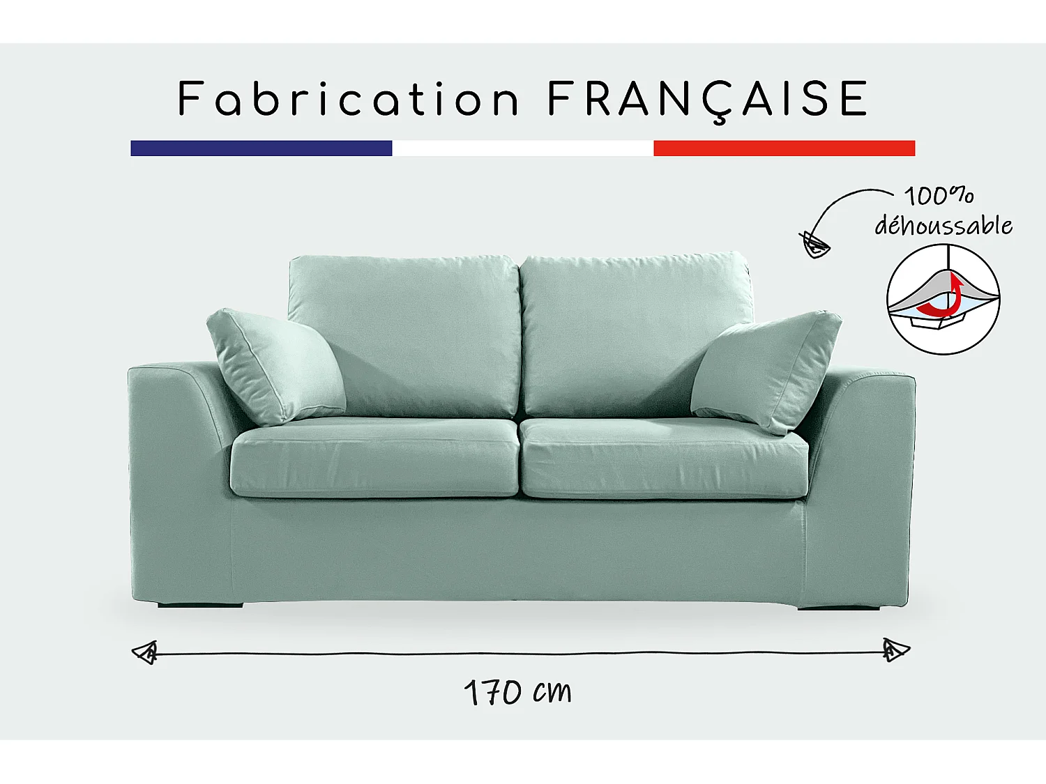 Canapé 2 pl TRESSIN 170 cm fixe tissu coton Céladon - 100% déhoussable - Fab. France