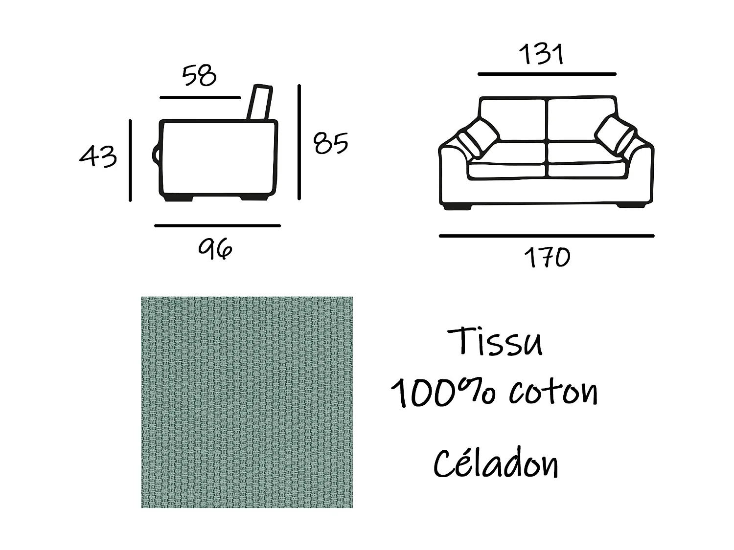 Canapé 2 pl TRESSIN 170 cm fixe tissu coton Céladon - 100% déhoussable - Fab. France