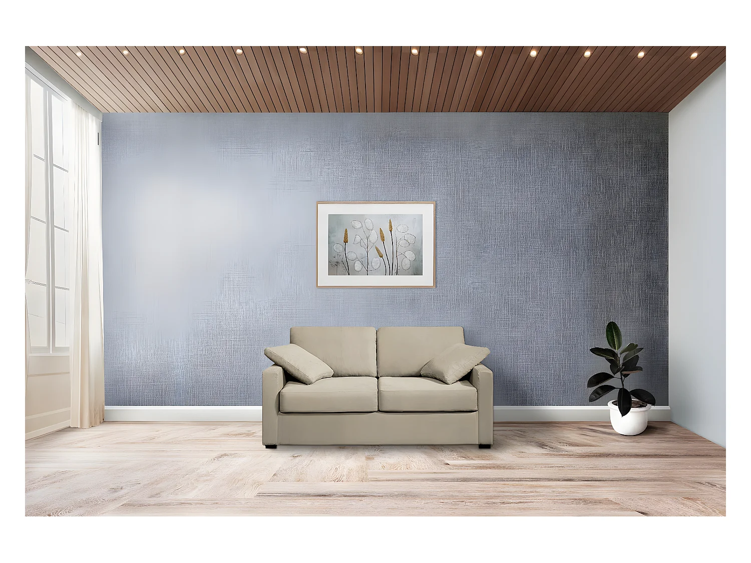 Canapé 2 pl LYS 155 cm fixe tissu Havane 100% Coton - 100% déhoussable - Fab. France