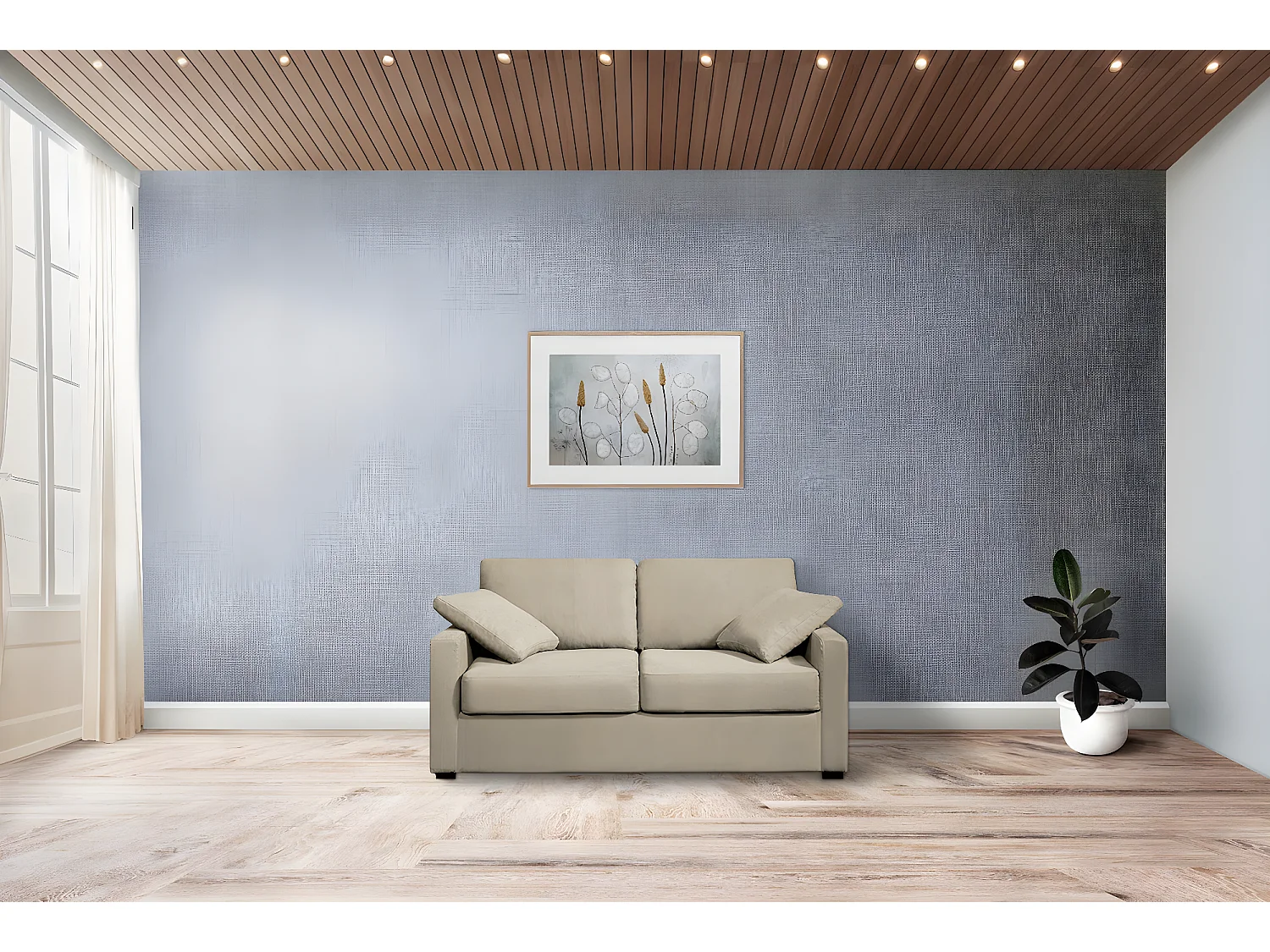 Canapé 2 pl LYS 155 cm fixe tissu Havane 100% Coton - 100% déhoussable - Fab. France