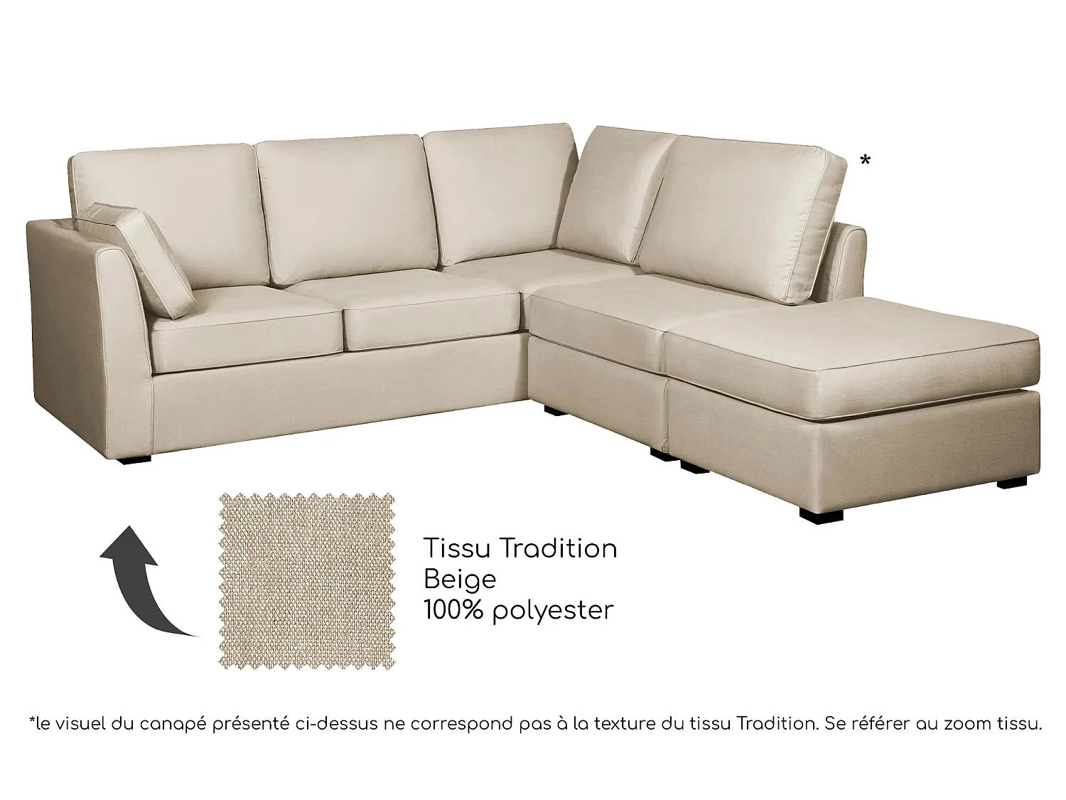 Canapé d'angle ESCAUT fixe 225 x 237 cm Tradition Beige - 100% déhoussable - Fab. en France