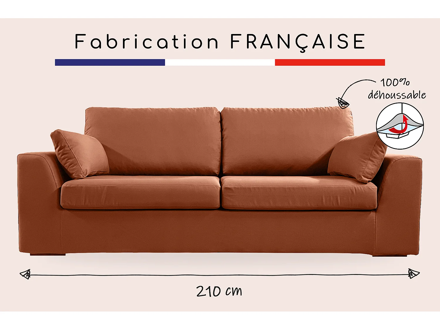 Canapé 4 pl TRESSIN 170 cm fixe tissu coton Terracotta - 100% déhoussable - Fab. France