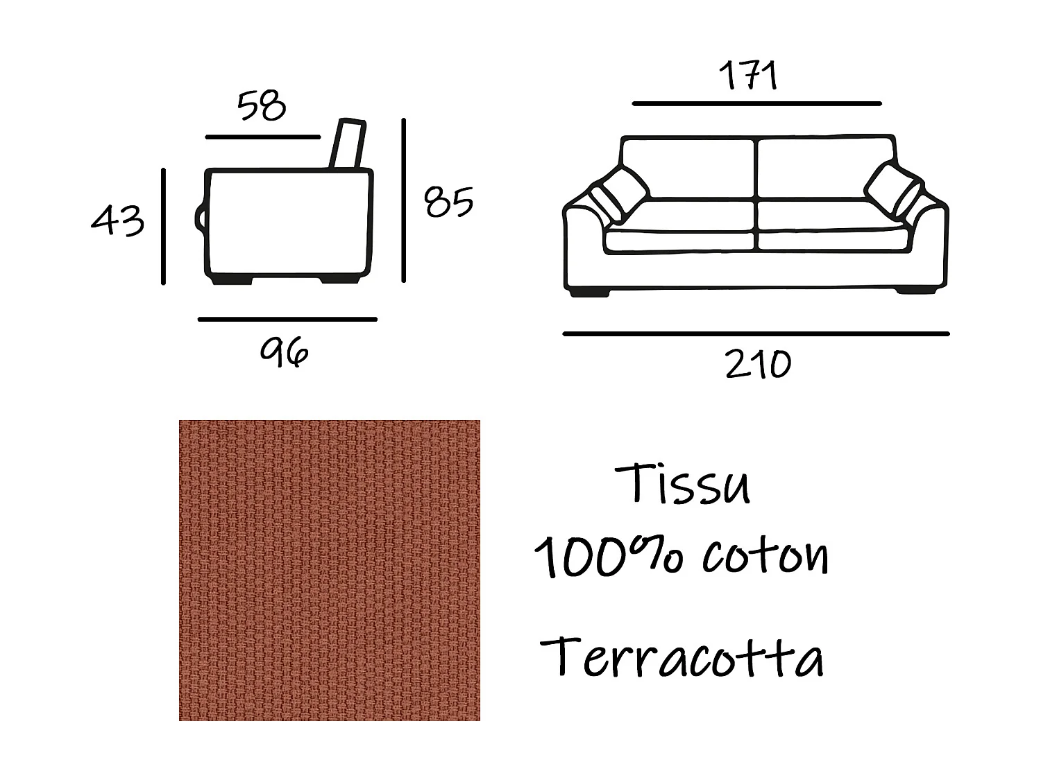 Canapé 4 pl TRESSIN 170 cm fixe tissu coton Terracotta - 100% déhoussable - Fab. France