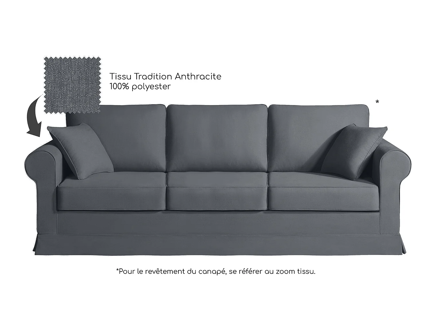 Canapé 5 pl COLME 230 cm fixe tissu Tradition Anthracite - 100% déhoussable - Fab. France