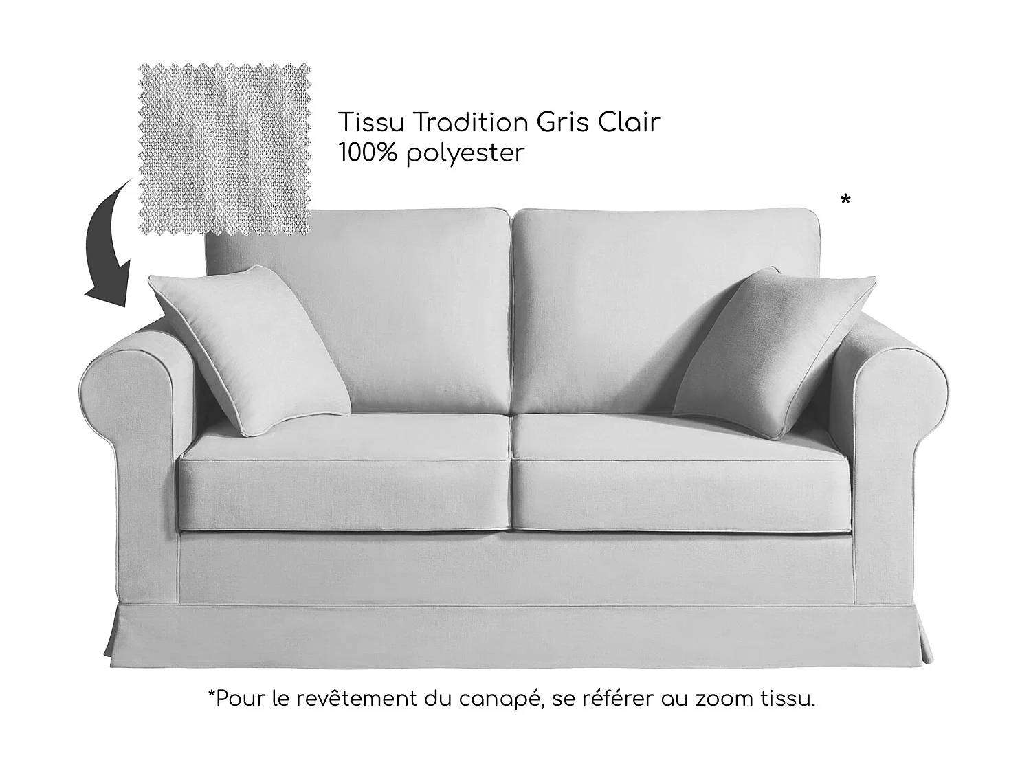 Canapé 2 pl COLME 170 cm fixe tissu Tradition Gris Clair - 100% déhoussable - Fab. France