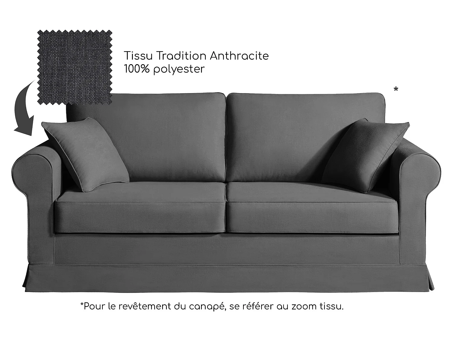 Canapé 3 pl COLME 190 cm fixe tissu Tradition Anthracite - 100% déhoussable - Fab. France