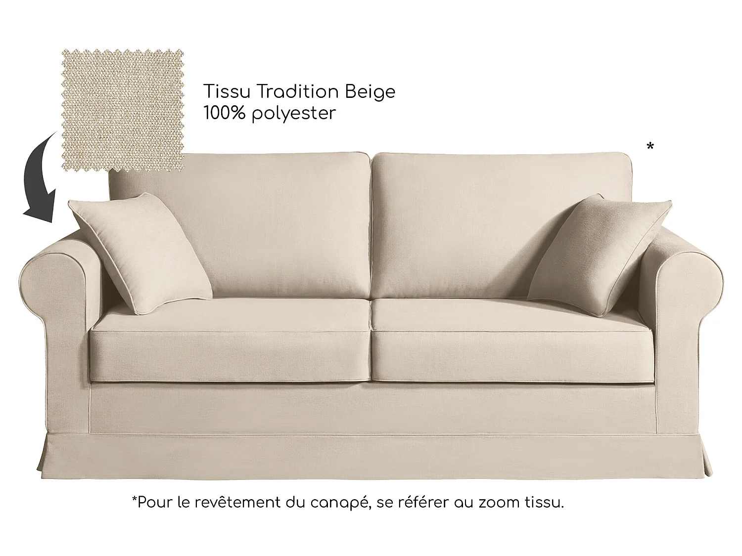 Canapé 3 pl COLME 190 cm fixe tissu Tradition Beige - 100% déhoussable - Fab. France