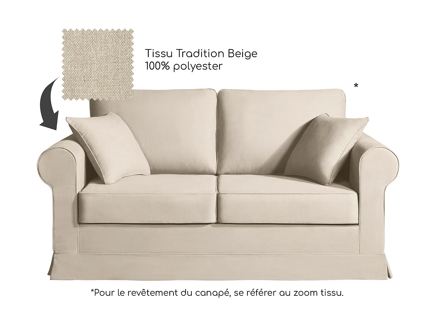 Canapé 2 pl COLME 170 cm fixe tissu Tradition Beige - 100% déhoussable - Fab. France
