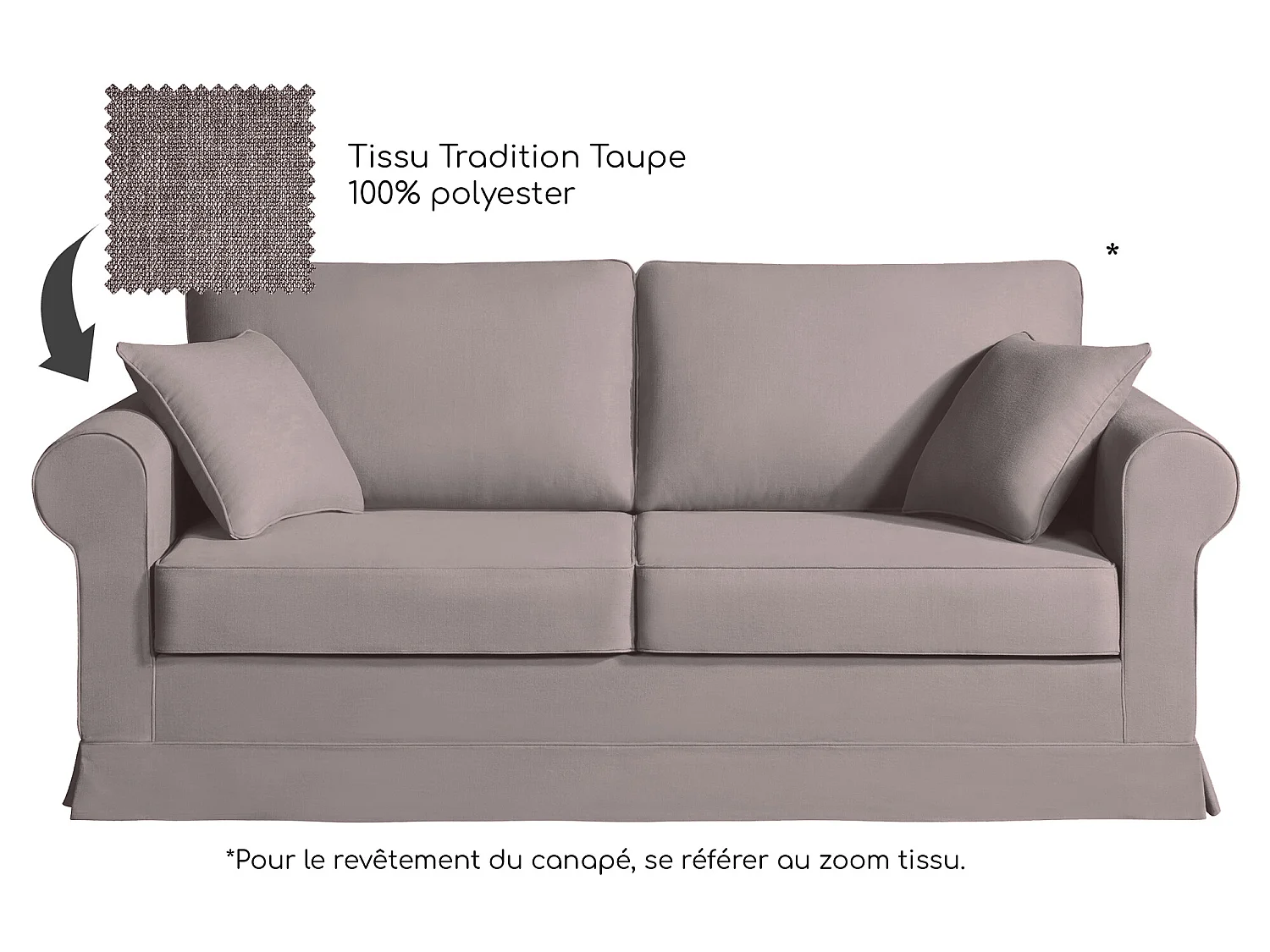 Canapé 3 pl COLME 190 cm fixe tissu Tradition Taupe - 100% déhoussable - Fab. France