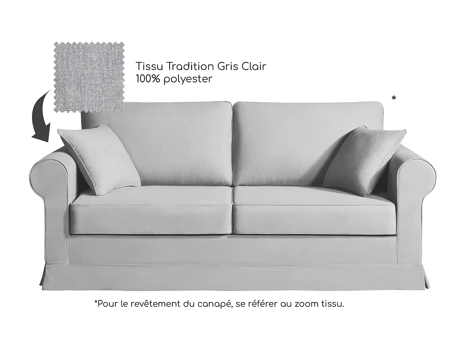 Canapé 3 pl COLME 190 cm fixe tissu Tradition Gris Clair - 100% déhoussable - Fab. France