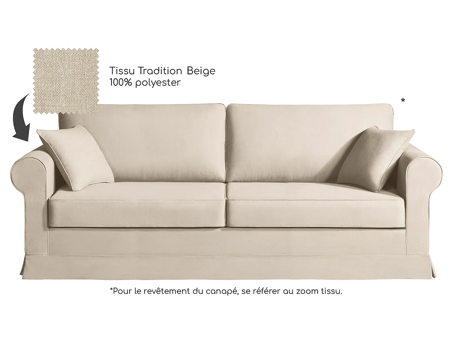 Canapé 4 pl COLME 210 cm fixe tissu Tradition Beige - 100% déhoussable - Fab. France