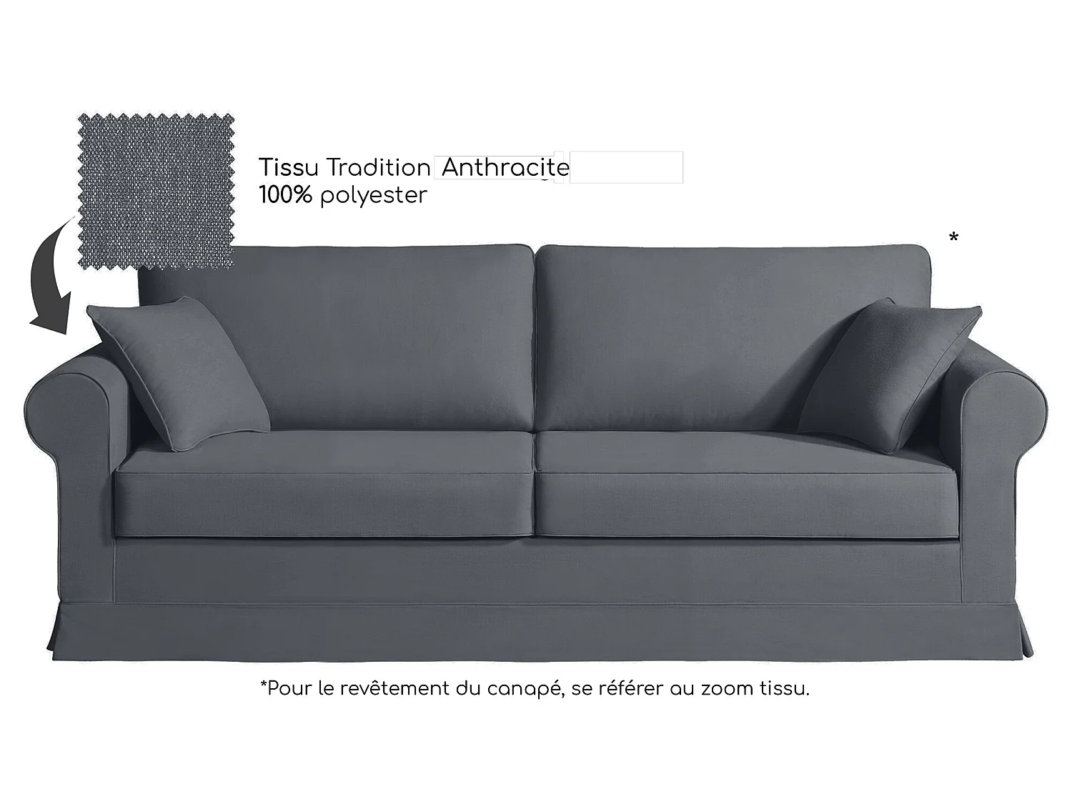 Canapé 4 pl COLME 210 cm fixe tissu Tradition Anthracite - 100% déhoussable - Fab. France