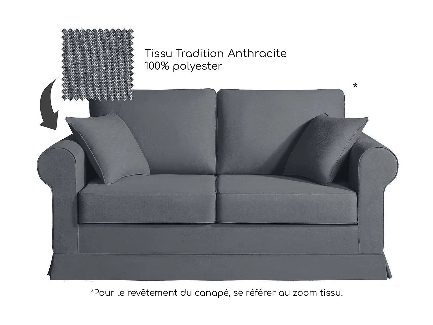 Canapé 2 pl COLME 170 cm fixe tissu Tradition Anthracite - 100% déhoussable - Fab. France