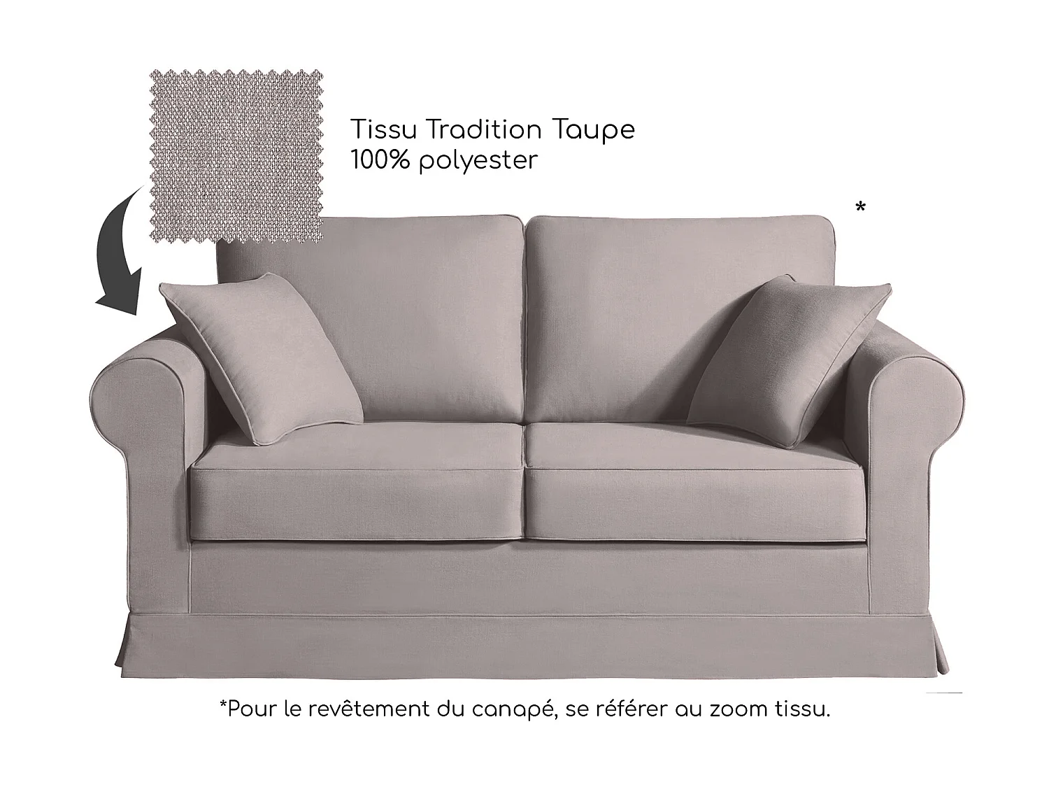 Canapé 2 pl COLME 170 cm fixe tissu Tradition Taupe - 100% déhoussable - Fab. France