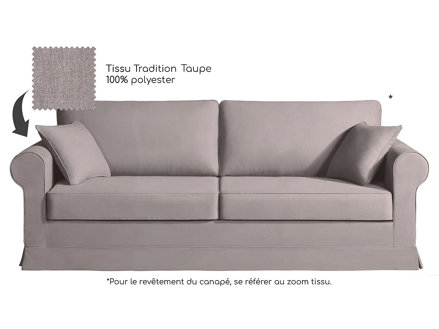 Canapé 4 pl COLME 210 cm fixe tissu Tradition Taupe - 100% déhoussable - Fab. France