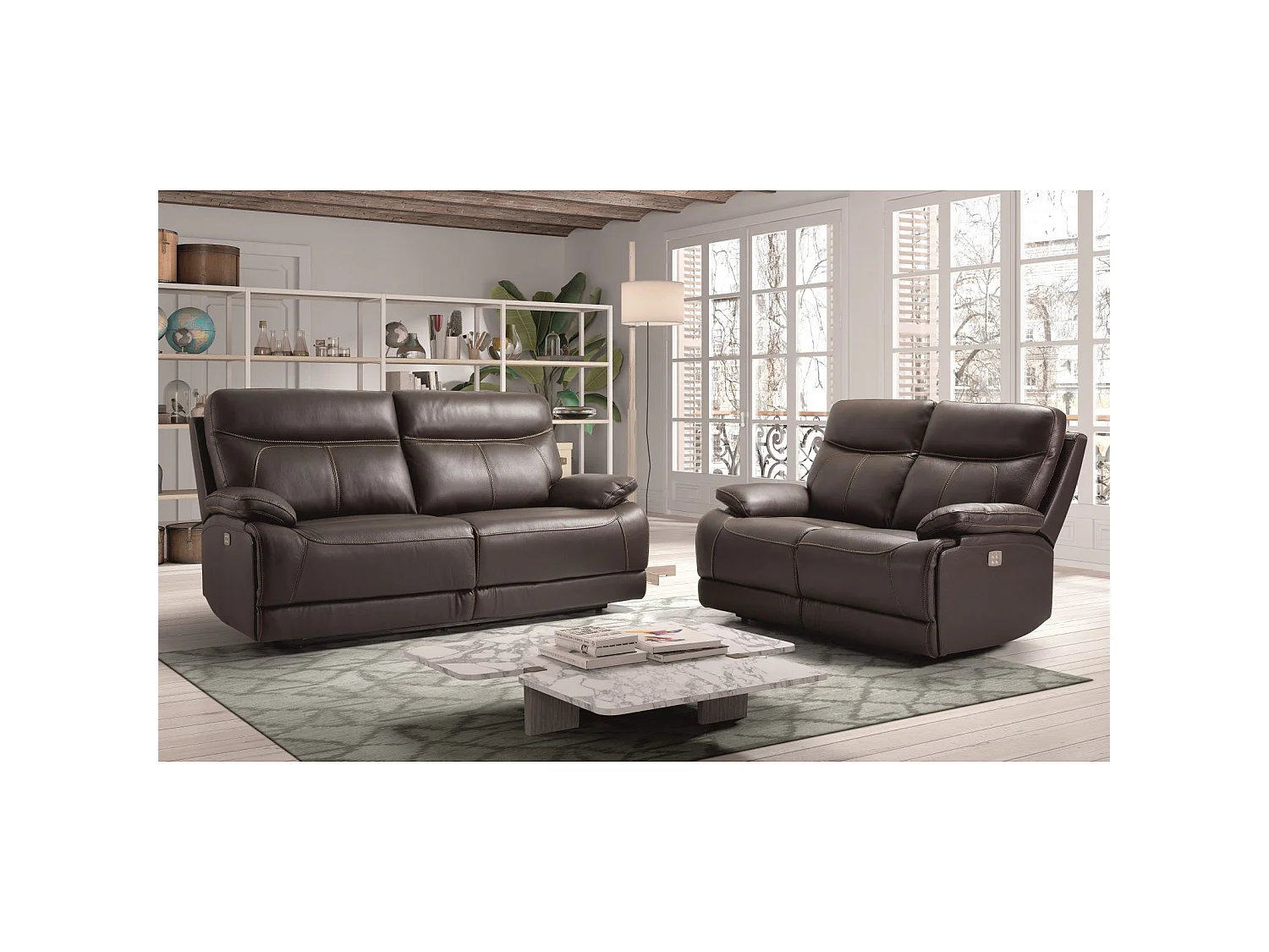 Canapé cuir 3 places, 2 relax électriques Bilbao Chocolat