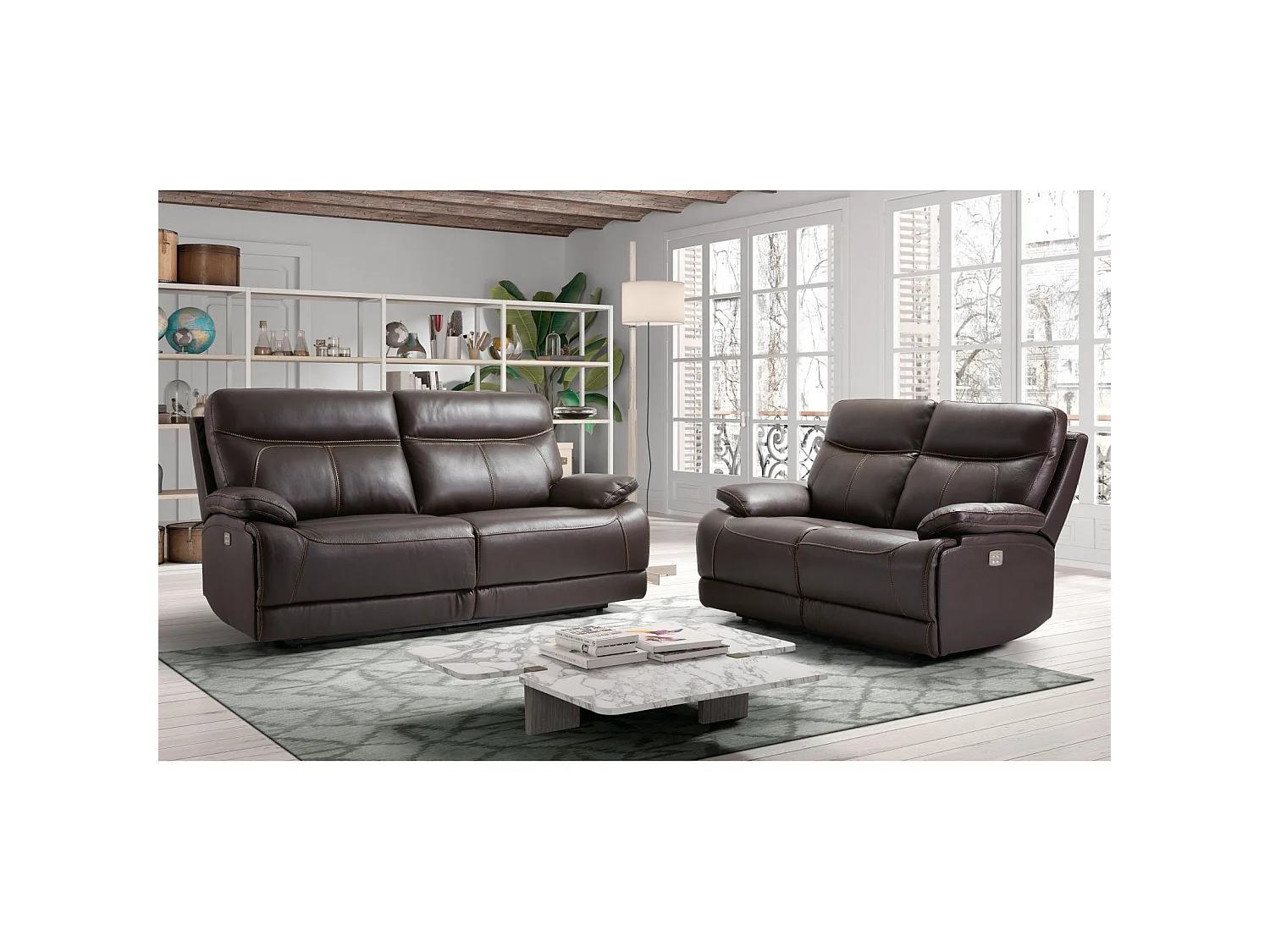 Canapé cuir 3 places, 2 relax électriques Bilbao Chocolat