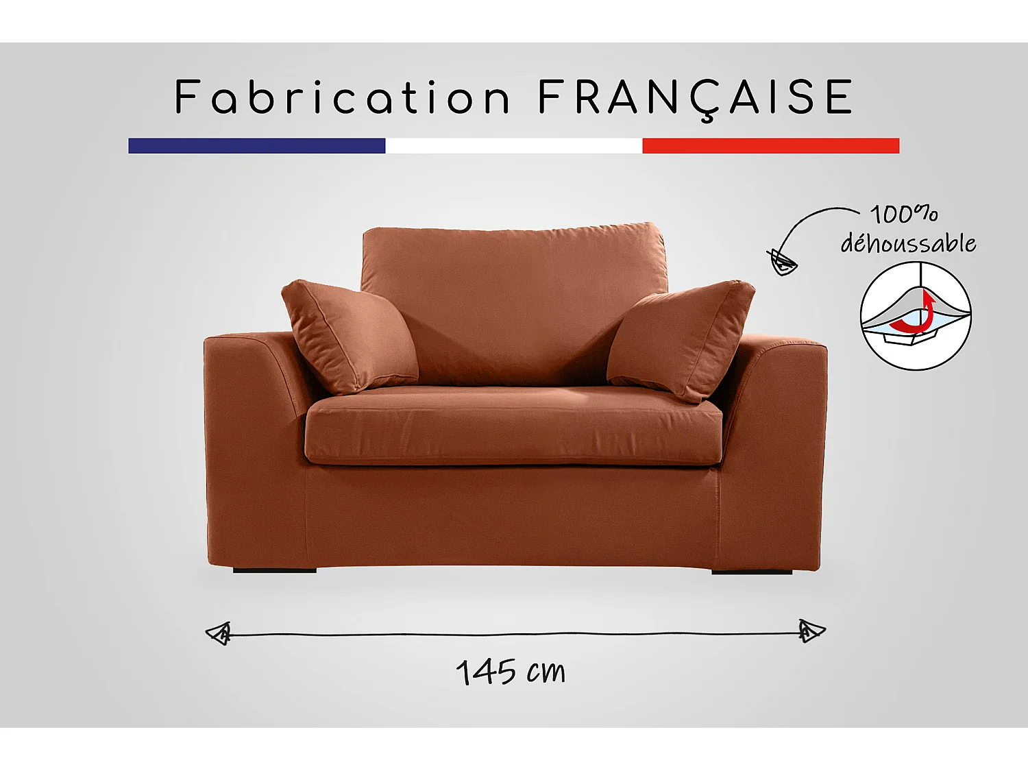 Fauteuil XL TRESSIN 145 cm fixe tissu coton Terracotta - 100% déhoussable - Fab. France
