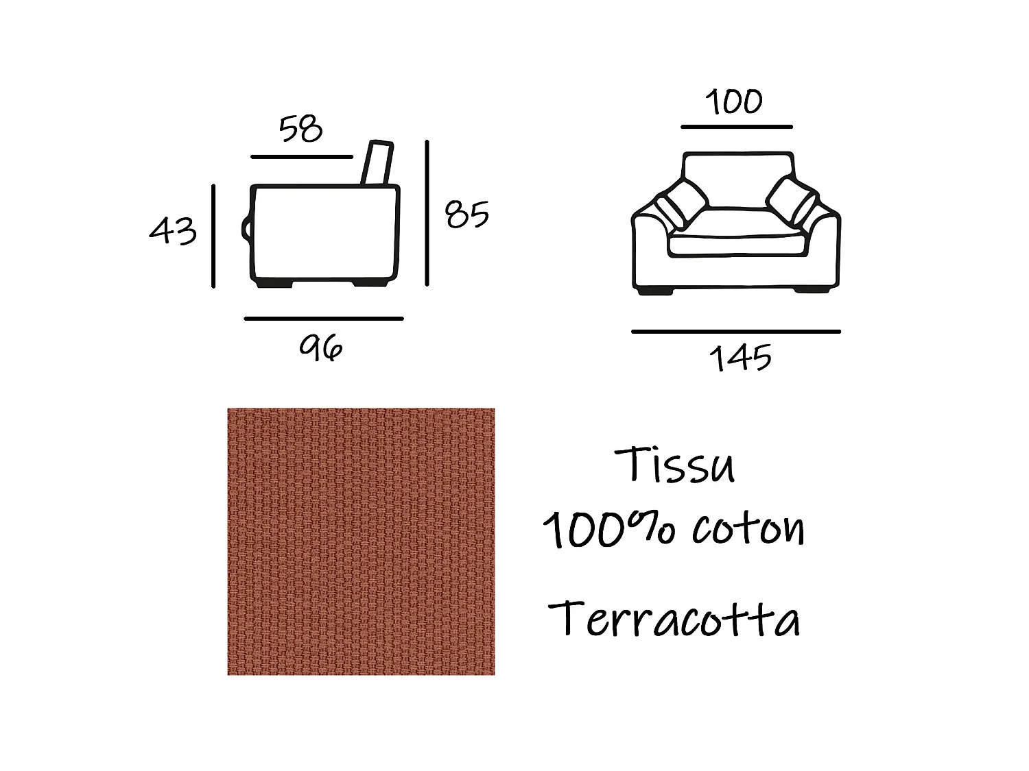 Fauteuil XL TRESSIN 145 cm fixe tissu coton Terracotta - 100% déhoussable - Fab. France