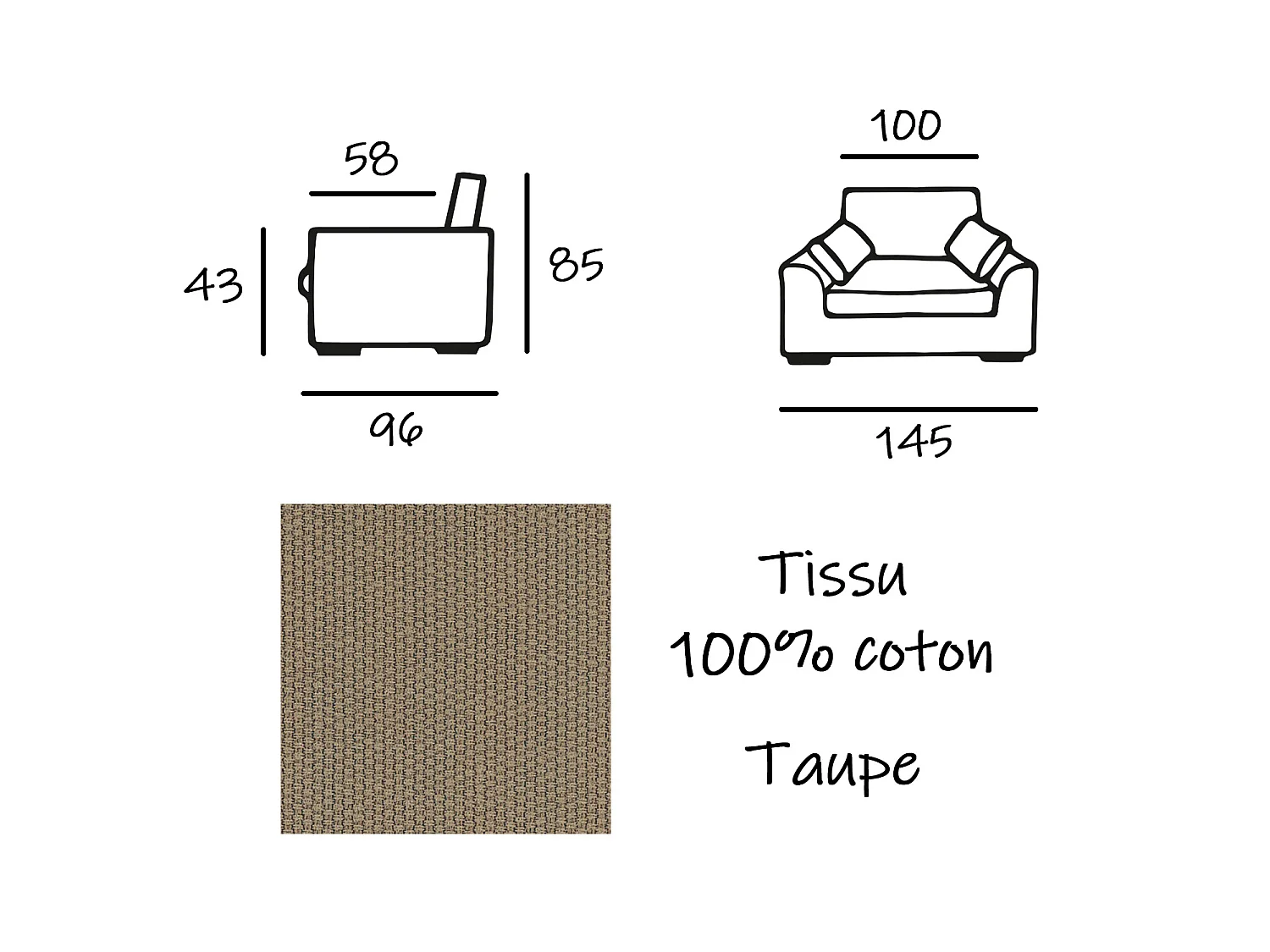 Fauteuil XL TRESSIN 145 cm fixe tissu coton Taupe - 100% déhoussable - Fab. France