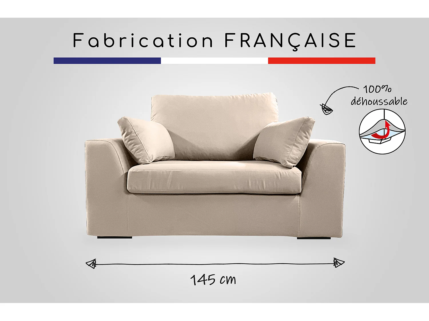 Fauteuil XL TRESSIN 145 cm fixe tissu coton Taupe - 100% déhoussable - Fab. France