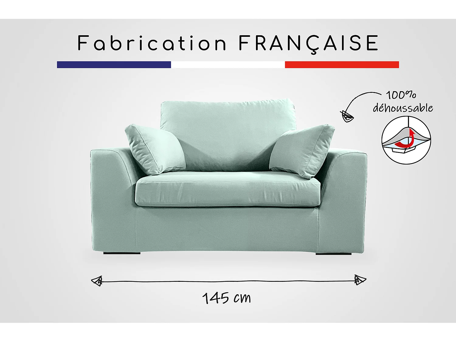 Fauteuil XL TRESSIN 145 cm fixe tissu coton Céladon - 100% déhoussable - Fab. France
