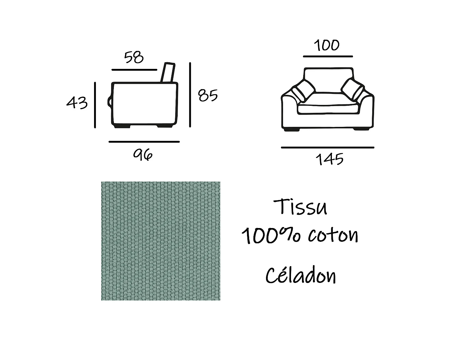 Fauteuil XL TRESSIN 145 cm fixe tissu coton Céladon - 100% déhoussable - Fab. France